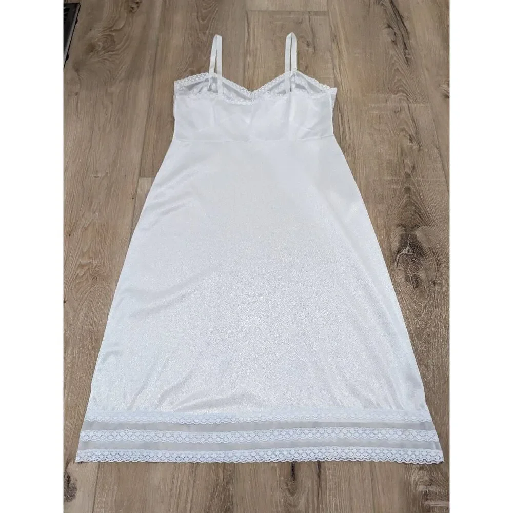 Vintage Rich Form White Nylon Full Slip Lace Trim Size 36 Bridal Coquette Boho